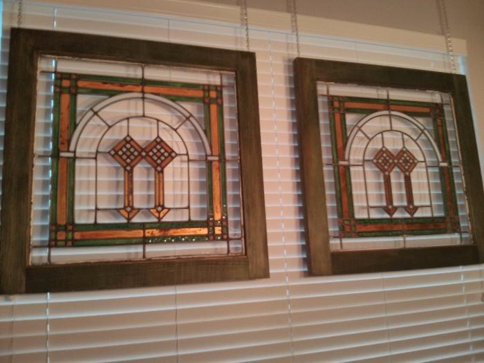 Prairie style stained glass windows w/ gold.  After the fashion of Frank Lloyd Wright.   