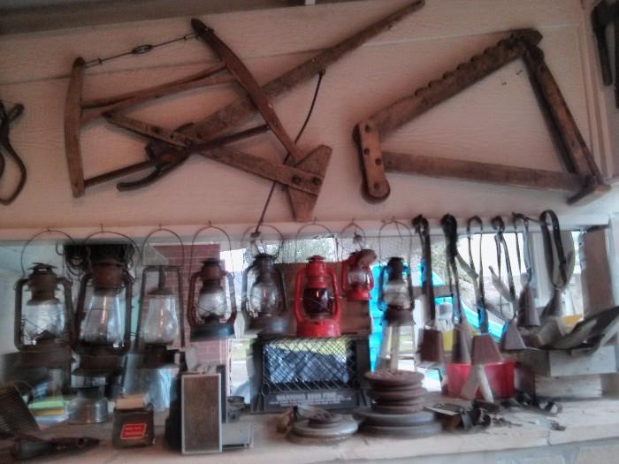 Swedish saws, Antique buggy jacks, Barn lanterns, Cow bells with straps, etc. 