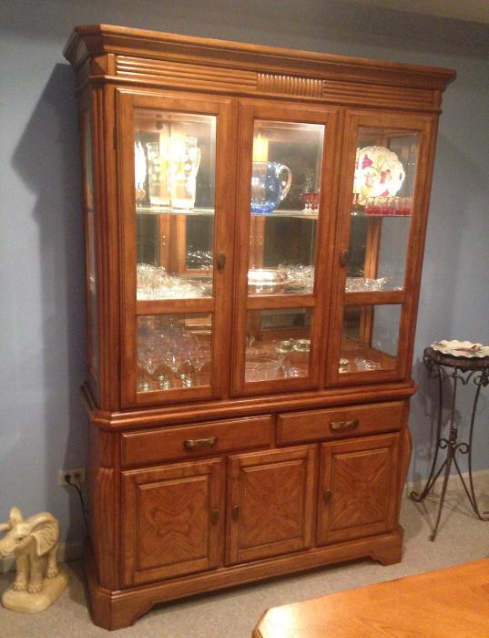 China Cabinet w/ Glass Front, Sides & Shelves, Mirrored Back and Top Lights
 