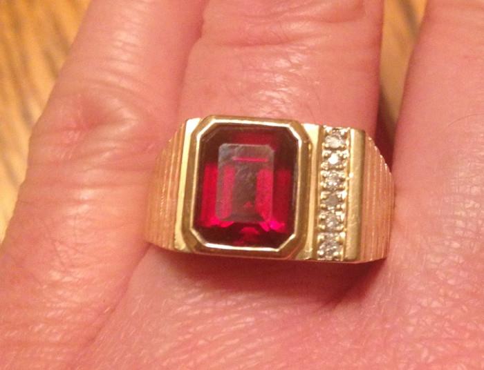 10K Gold Men's Ring w/ Red Tourmaline Stone and Diamonds - Size 10?
 