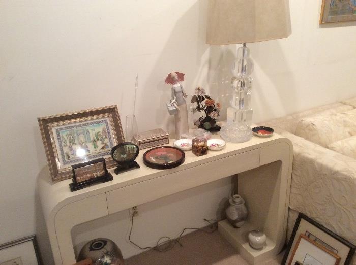 Console table, acrylic lamp, decor, collectibles