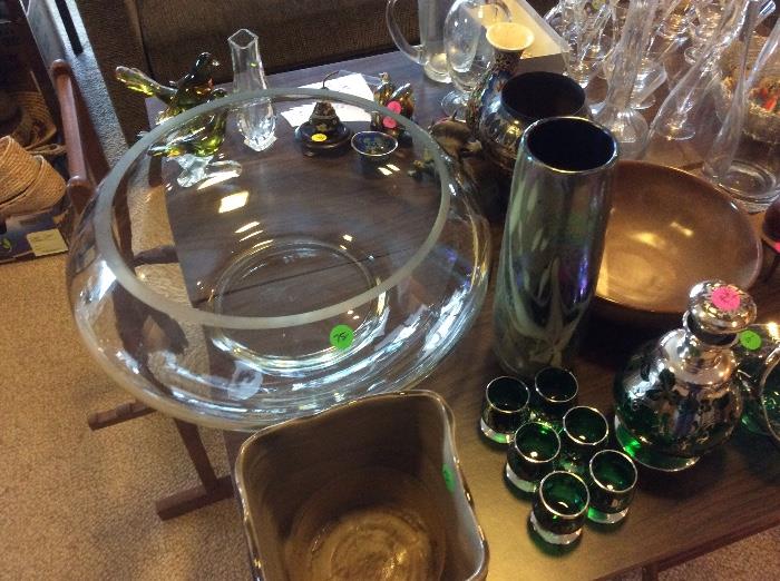 Huge glass bowl, handmade glass vase, cordial and drink sets