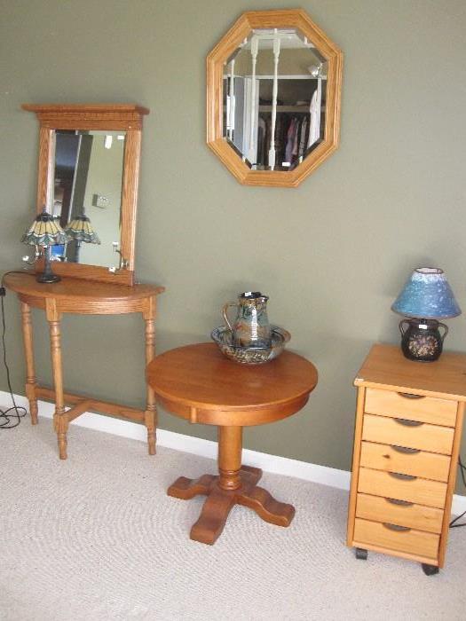 Solid Oak Console Table, Matching Beveled Mirror with Hat Hooks Accenting Oak Edge Frame, Oak Octagon Sided Beveled Glass Wall Mirror, Round Pedestal Solid Side Table, 6 Drawer Crafter's Cabinet Bowl and Pitcher Pottery