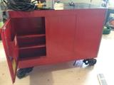 Back of Snap-On toolchest is a cabinet with three shelves.