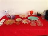 Carnival glass, depression glass, Fire King, Shannon crystal pitcher, vintage seltzer bottle
