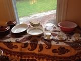 Hall pottery, Mikasa 1960s geometric print bowl, Pyrex Flamingo bowl, Japanese demitasse cups
