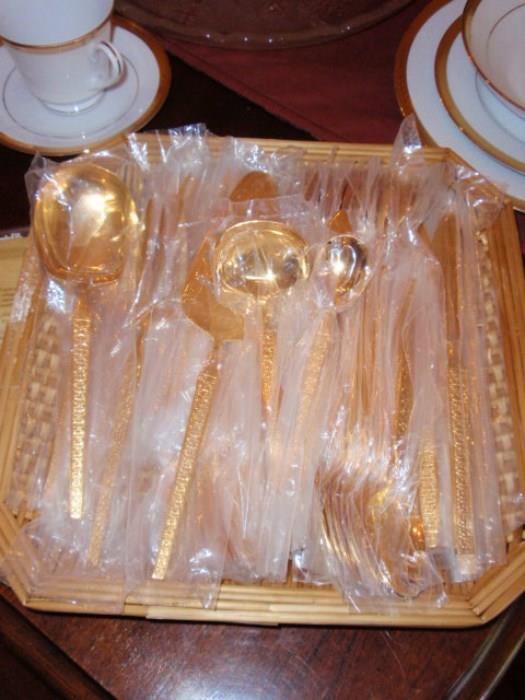 Cosmos 24 K Gold Electroplated "Gold Verme" Flatware Service and Serving pieces