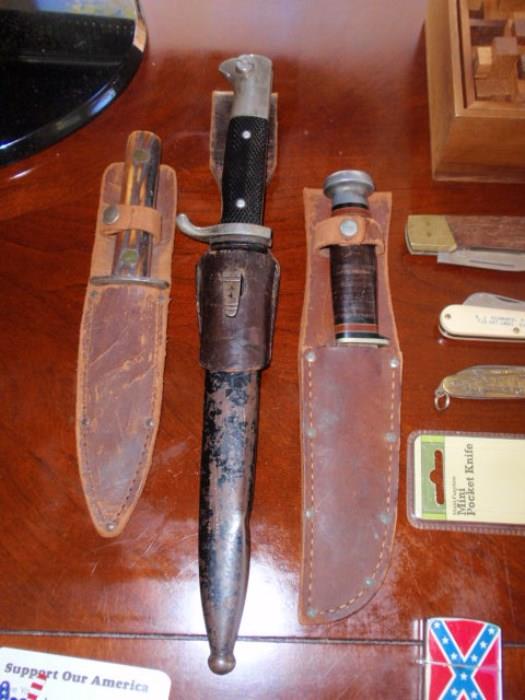 Left to right 1. English Bone handle knife, 2. German NCO Mouser Dress Bayonet, 3. Case Hunting Knife