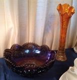 Imperial  Glass "Hobstar" Amythest bowl, Marigold "Ripple" funeral vase