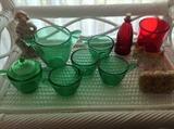 Childs green glass Agro Agate tea set, figurines from 1930's