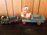 Vintage toys. Vintage Metal Train and Wooden Fisher Price Donald Duck & Wagon pull toy