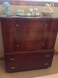 Beautiful vintage chest, matches the full size bed and dresser with mirror.  Wood grain has great detail with original hardware.  Bookcase bed has glass top as well as a glass top on the chest and dresser.  Cut to match the detail of each piece.  