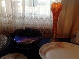 Beautiful Carnival Glass with vintage china and glassware.