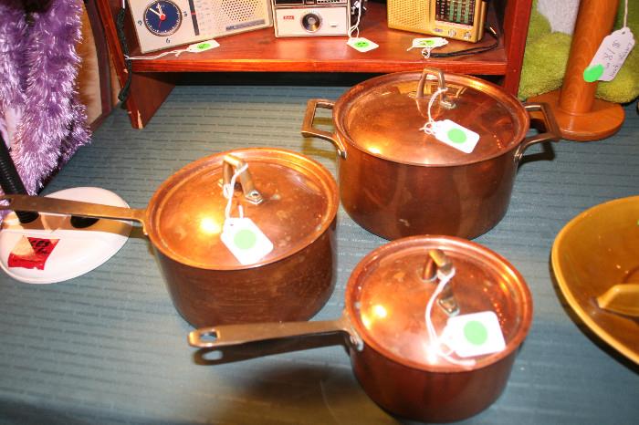 3 Copper pots with lids