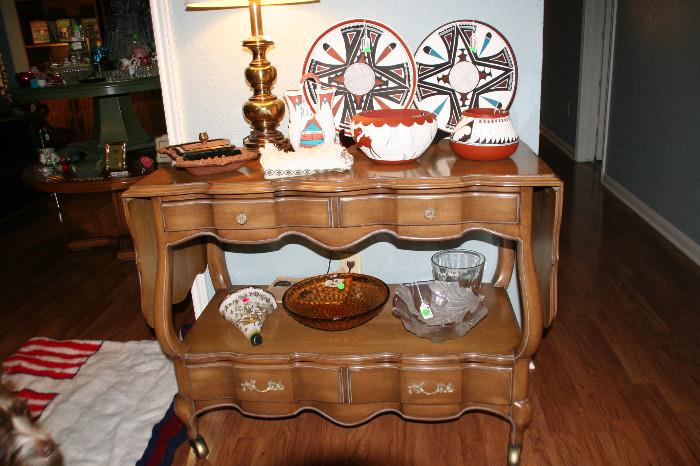 Rolling Serving Table by White Furniture Co. Arizona Plates and bowls signed by artist 