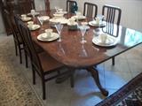 BURLWOOD TABLE (CAN ACCOMODATE 14) WITH 8 CHAIRS