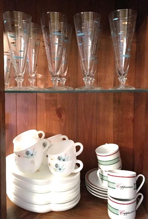 Libbey Atomic Fish pilsner glasses.  Milk glass entertaining set.  Cappuccino set.