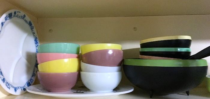 Divided plate.  Mid century insulated plastic footed salad bowls.