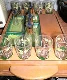 Mid Century tropical entertaining set with tumblers, cruets, salt & pepper and serving dishes.