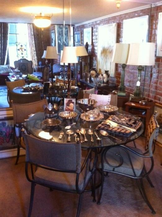 Round metal, glass top table, four chairs