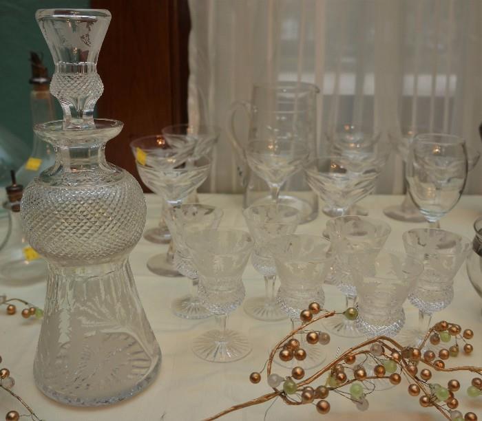 English crystal decanter and glass set with a thistle theme
