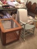 #46 pine endtable w glass top 22x26x22 $40
#31 green wood rocker $35 — 