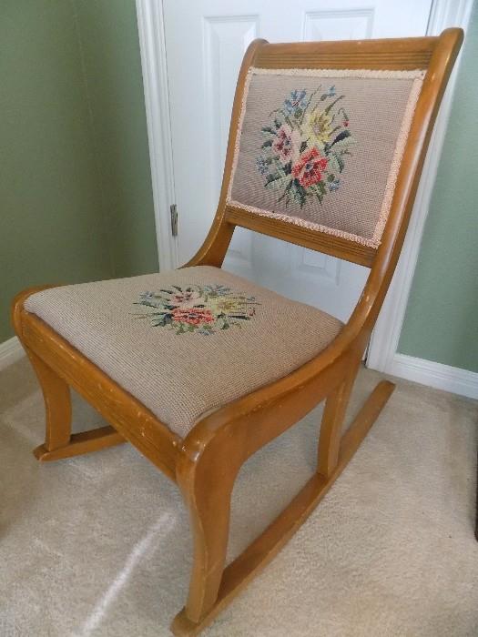 antique sewing rocker with needlepoint