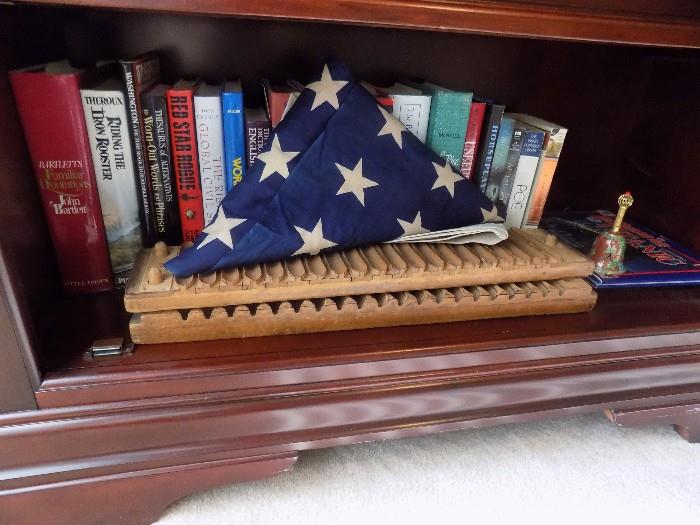 flag with 48 stars, old wooden cigar mold. books too!