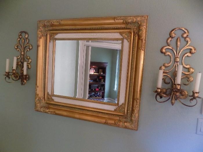 gold gilt wall mirror and pair sconces
