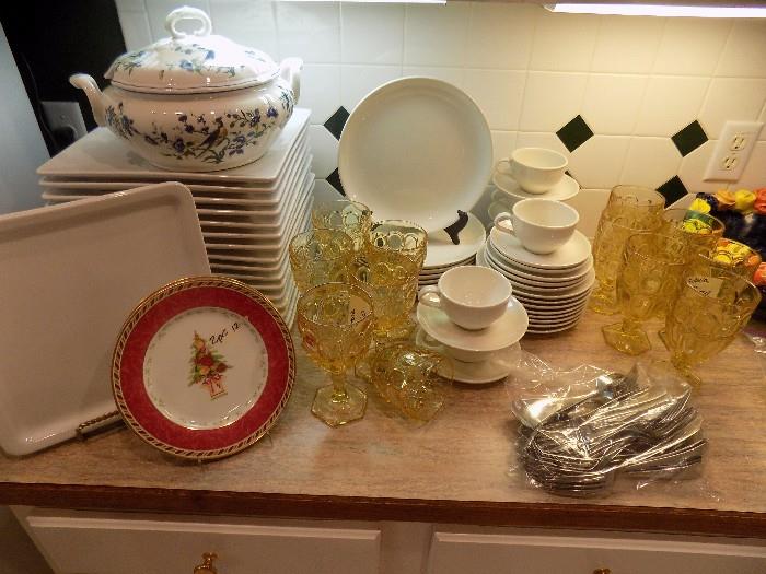 Villeroy & Boch tureen, buffet plates, Fostoria Argus glassware, Russell Wright stoneware, flatware, Royal Albert Christmas plates