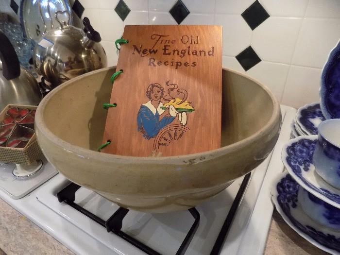 old stoneware bowl and vintage cookbooks