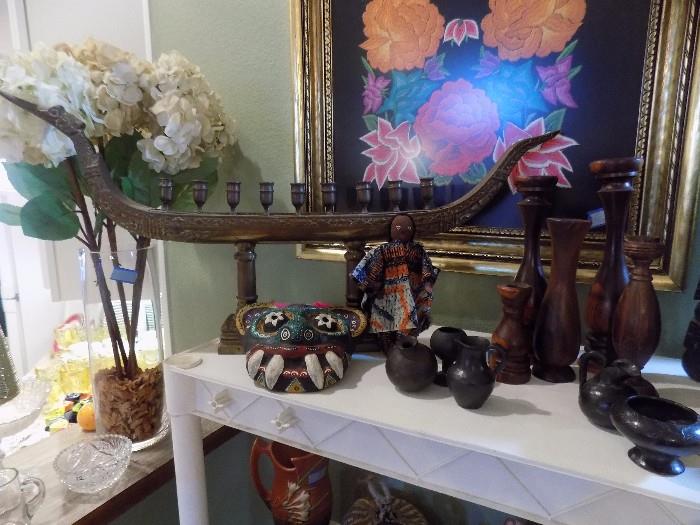 collectibles...bronze ship candleabra, wooden candlesticks, pottery pieces