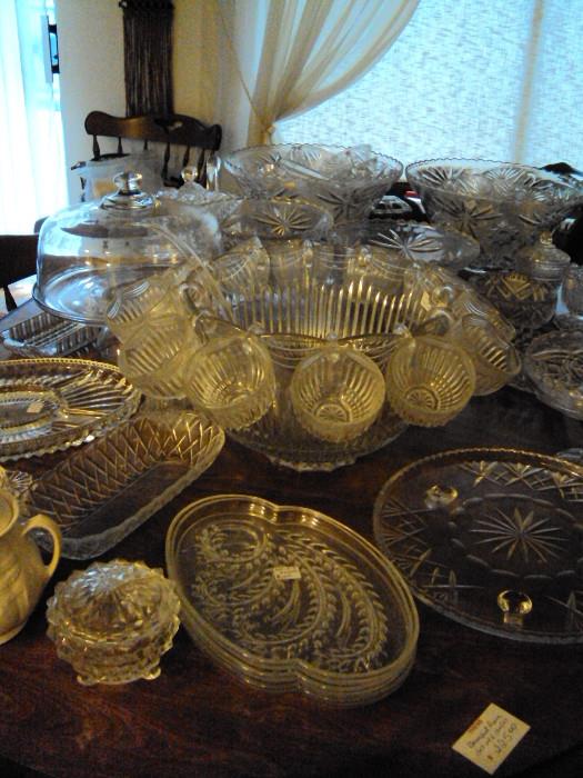 Miscellaneous punch bowls, serving dishes, Fostoria, etc