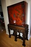 Red Chinoiserie Lacquered Cabinet with Carved Wood Stand