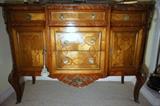 Pair of 19th c. Side Cabinets French Inlay on Satin Wood Ormolu & Marble Top