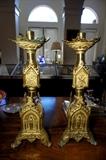 c1920’s Pair of Bronze Torchiere Candlesticks Christ and Church Gothic Revival
