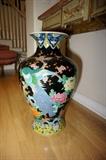 c1940 24 ½” Tall Chinese Famille Noir Peacock & Floral Vase