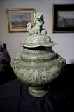 16” Chinese Celadon Covered Large Vase w/ Fu Dog on Lid and Temple Lion Handles
