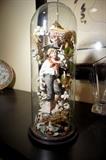 Bisque Figurine Young Boy Floral Scene in Glass Dome 19” Tall to Top of Dome