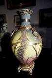 18” Large Chinese Porcelain Vase w/ Faux Handles Footed Lion Motif and Heavy Gold Overlay