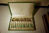 Set of 12 Sterling and Green Enamel Tea Spoons in Fitted Box Norway J. Tostrup