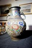 14” 19th C Chinese Cloisonne Vase w/Enameled Overlay on Enamel Saw Cut Relief