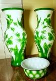 Set of 3 Turn of the Century Green Peking Glass, Pair of Vases and Bowl