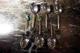 Republic Period Set of 6 Chinese Silver Tea Spoons Adorned with Jadeite Buddha Figures