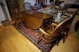 Drop Leaf Gate Leg Oak Round Table $950 Mid 19th c. Windsor Period Elm Arm Chairs