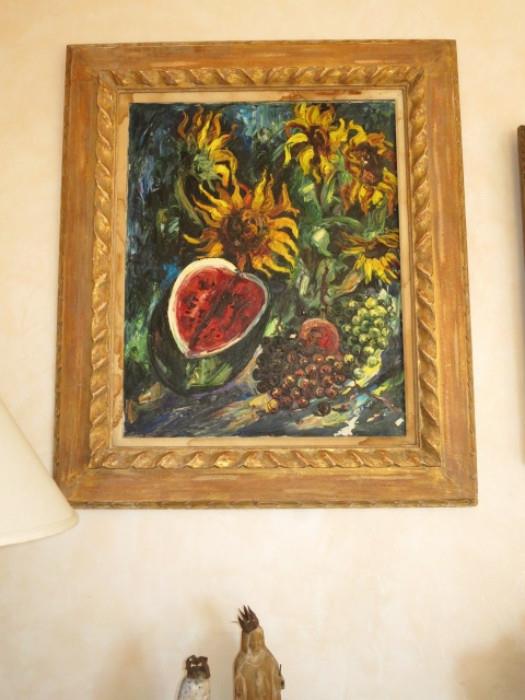 "Melon & Sunflowers" Large Vibrant Oil by Emeric Vagh Welnman, Listed (1919-2012)