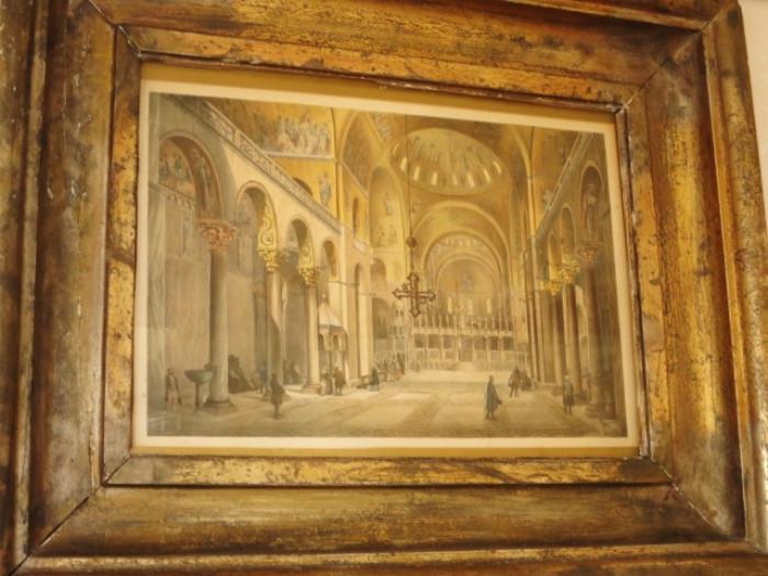 Antique Italian Hand-Colored Etching in a period Gilt Frame