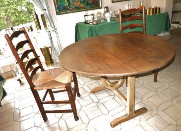 19th. C. French Tilt-Top Wine Table with 6 Ladder Back Chairs.