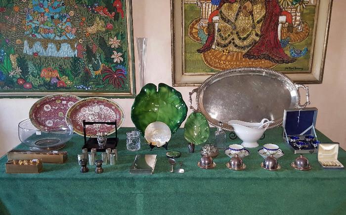 Pair of Oval Famille Rose Platters; Large Antique Silverplate Tray; Allan Adler Sterling Silver Salt & Pepper Shakers; Italian Leaf Bowls; Sterling Pepper Grinder, Italian S/P Shakers, etc.