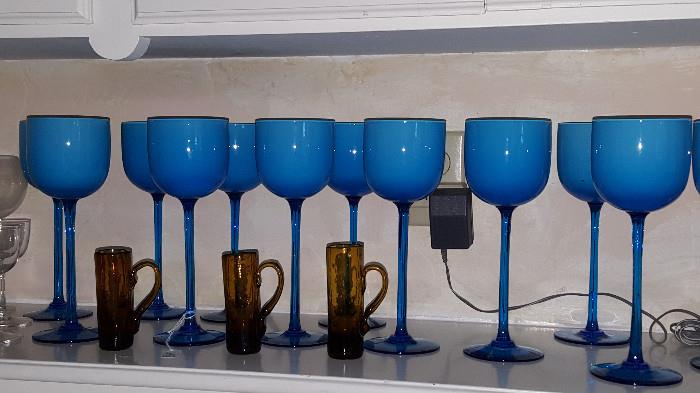 Cool 1970's Long-Stemmed Sky-Blue Wine Glasses w/  Mexican Hand-Blown Cordials.